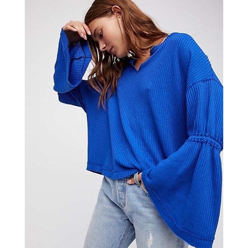 We The Free Cobalt Blue Waffle Knit Top Small Oversized V Neck Long Sleeve Boho